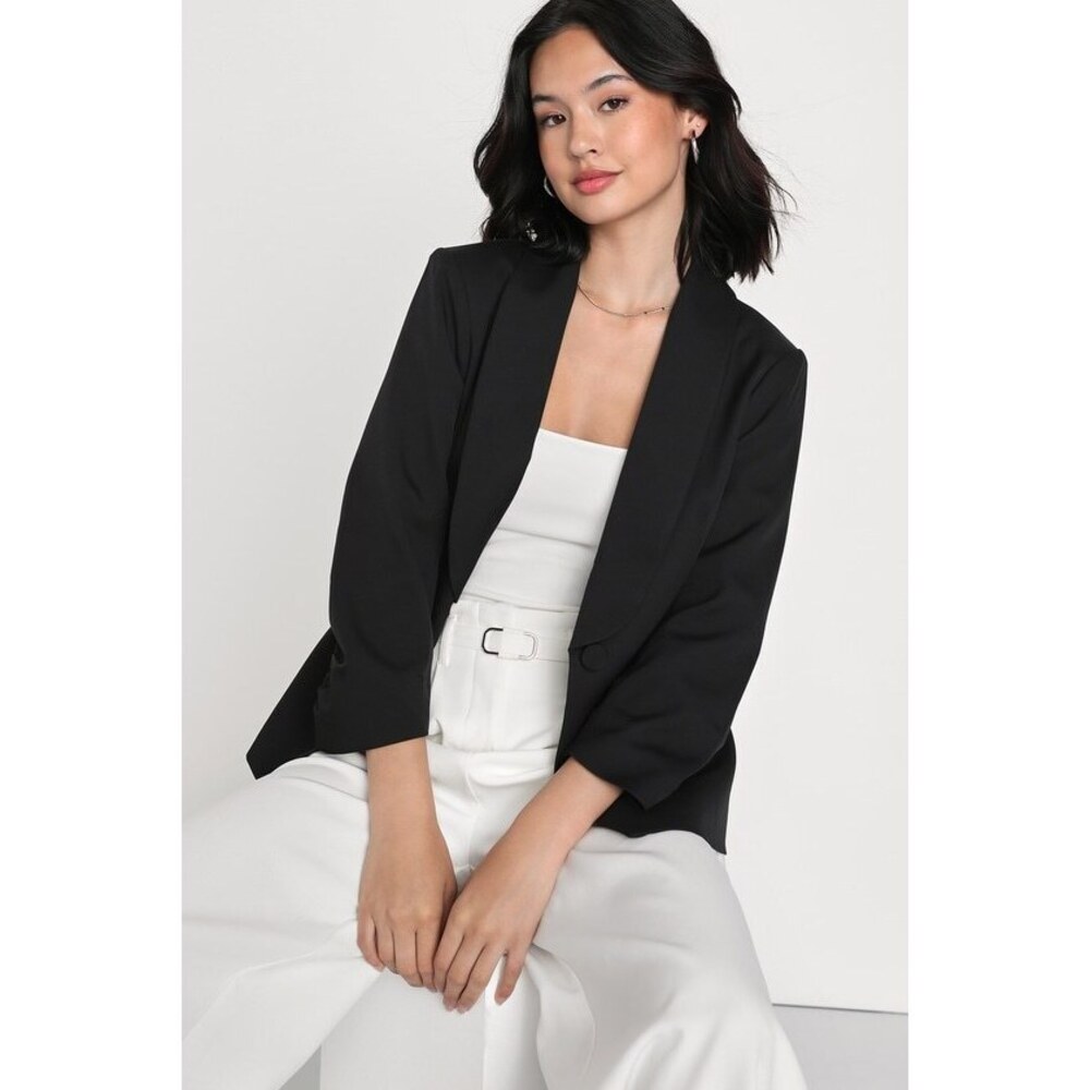 Lulus Back In Business Black Ruched Sleeve Blazer - Size M